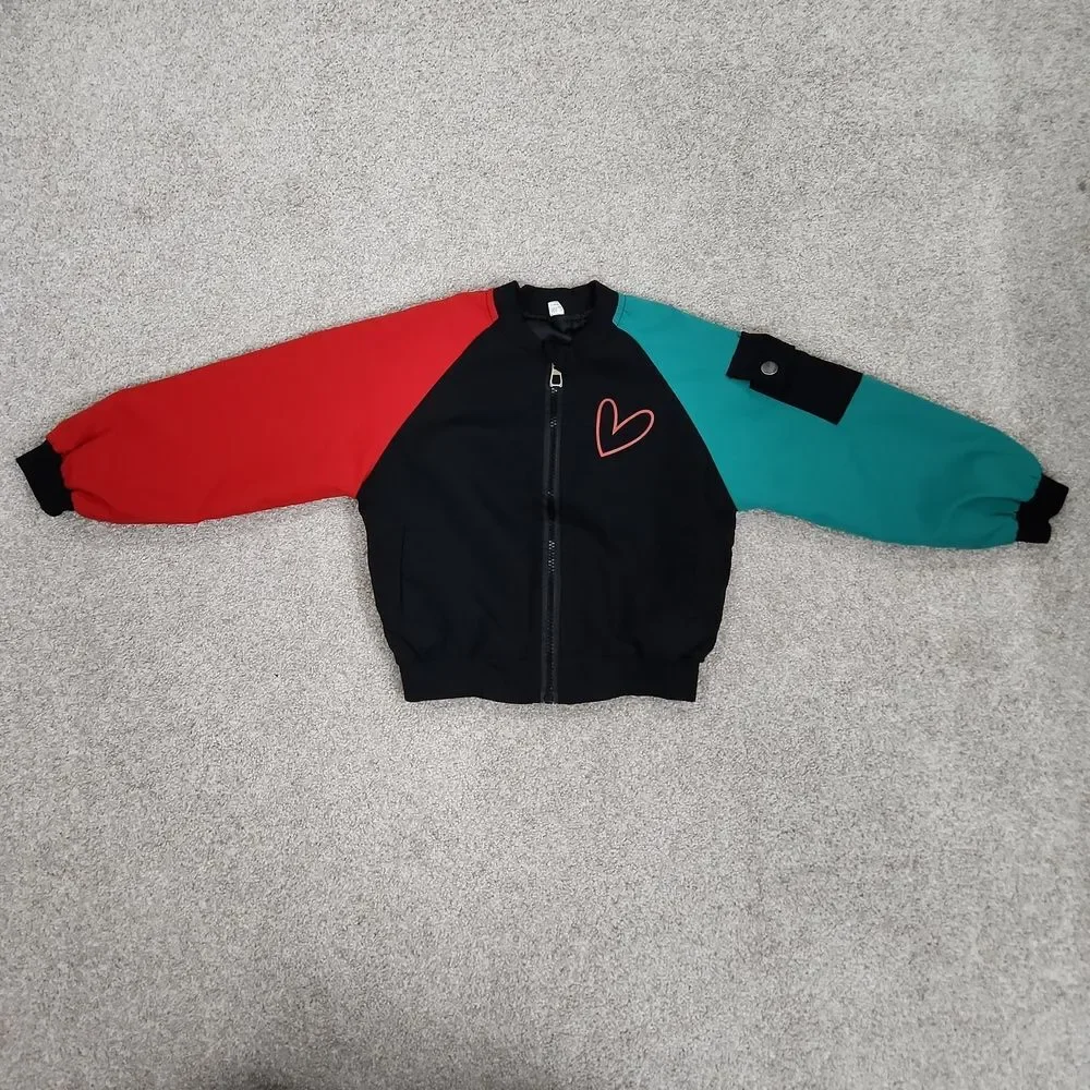 Youth Color Block Bomber Jacket With Chinese Writing at Back